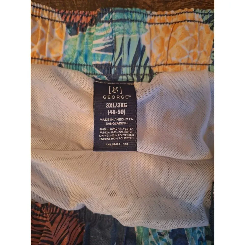 George Men’s Swim Trunks 3XL 48-50 Blue Tropical Floral Pineapple Elastic Waist